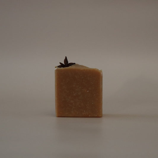 Square block of beige soap with a plant on a light gray background
