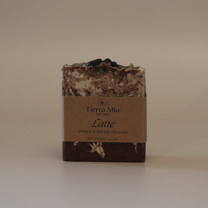Bar of soap with a brown label on a beige background