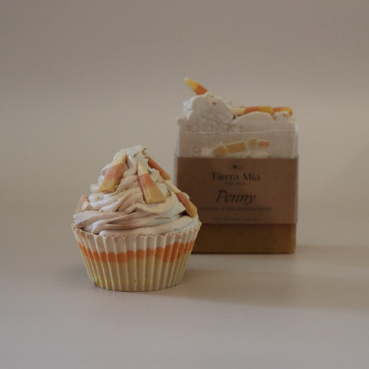 Cupcake-shaped soap and bar of soap with 'Tierra Mia' branding on a beige background