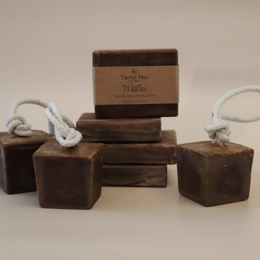 Brown Wood Grain Inspired soap bars with rope handles on a beige background