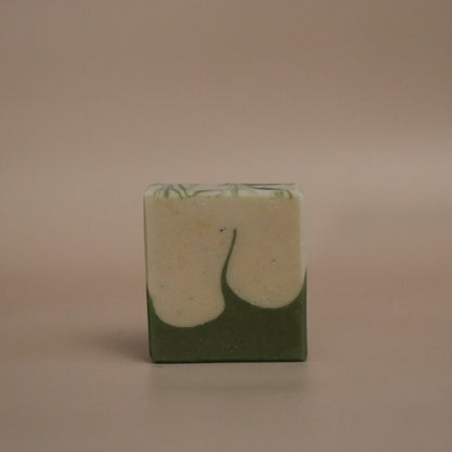 Green and white marbled soap bar on a beige background