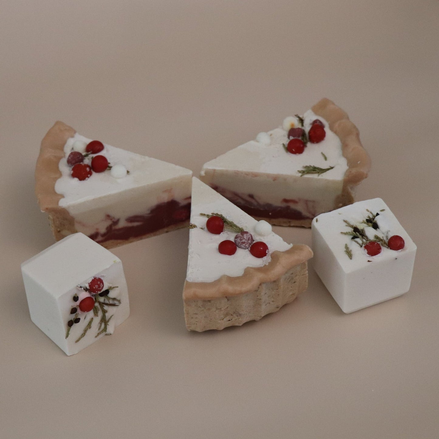Christmas themed pie slices artisan soap bars on a beige background